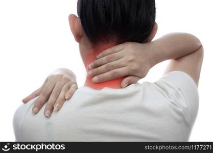 Young Asian woman with neck pain and at white background, Women feeling exhausted, healthcare and problem concept