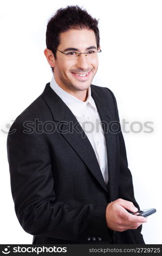 Young attractive business man holding a mobile and smile