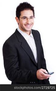Young attractive business man holding a mobile and smile