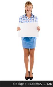 Young attractive business women holds a white board indoor studio