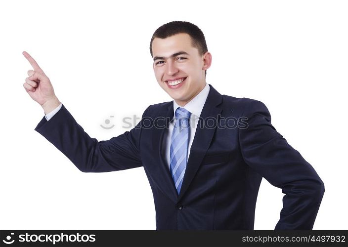Young attractive businessman pointing isolated on white