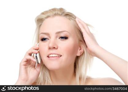 young attractive calling by phone, over white background