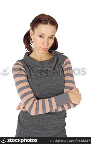 Young attractive casual woman with arms crossed isolated on white background