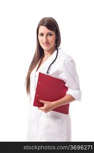 young attractive female doctor on white isolated background