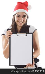 Young attractive girl with Santa Claus hat and clipboard