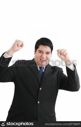 Young attractive happy smile business man stand and expressing success and victory concept, holding raised arms and hands up, isolated over white background