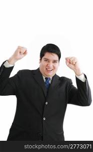 Young attractive happy smile business man stand and expressing success and victory concept, holding raised arms and hands up, isolated over white background