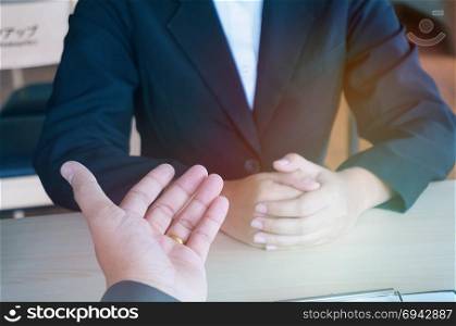 Young attractive man during job interview. human resources concept.