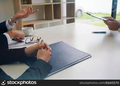 Young attractive man during job interview. human resources concept.