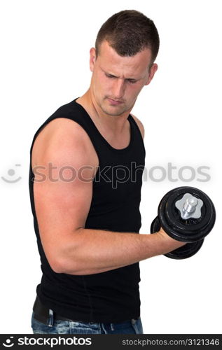 Young attractive man pumping weights in a black tank top