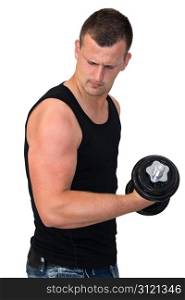 Young attractive man pumping weights in a black tank top