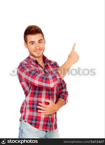 Young attractive men pointing something with the hand isolated on a white background
