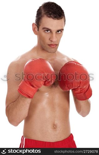 young attractive men ready to defend on isolated white background
