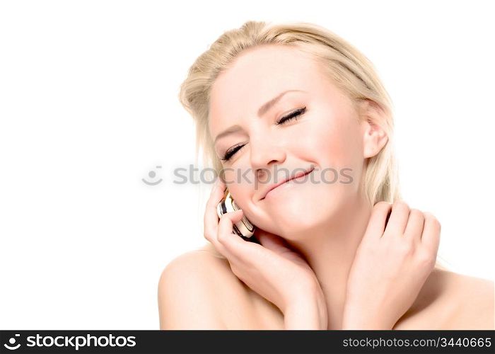 young attractive woman calling by phone, over white background