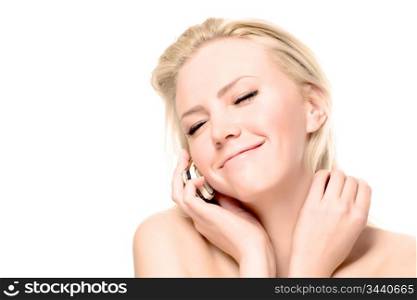young attractive woman calling by phone, over white background