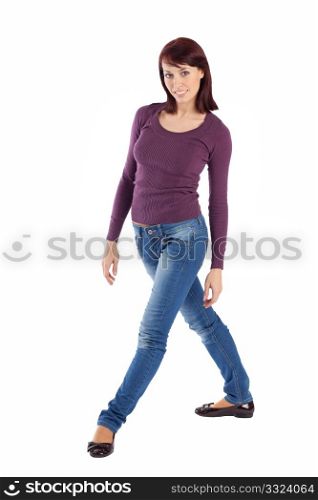 Young attractive woman in casual clothing and relaxed pose smiling, isolated over a white background.