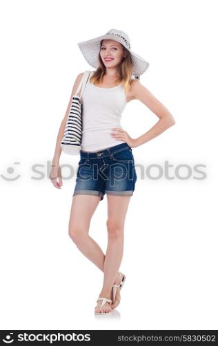 Young attractive woman in summer vacation isolated on white