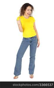 young attractive woman in yellow shirt and jeans, thumbs up gesture isolated on white