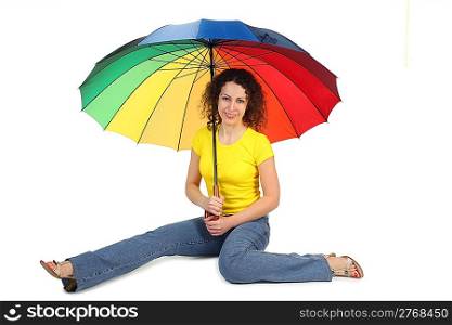 young attractive woman in yellow shirt with multicolored umbrella sitting isolated on white legs at sides
