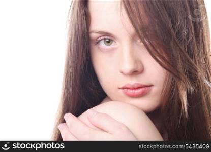 Young attractive woman&rsquo;s face with long haiar isolated
