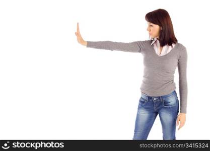 Young attractive woman showing stop gesture, isolated on white background