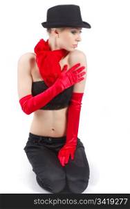 Young attractive woman with red gloves and black hat.