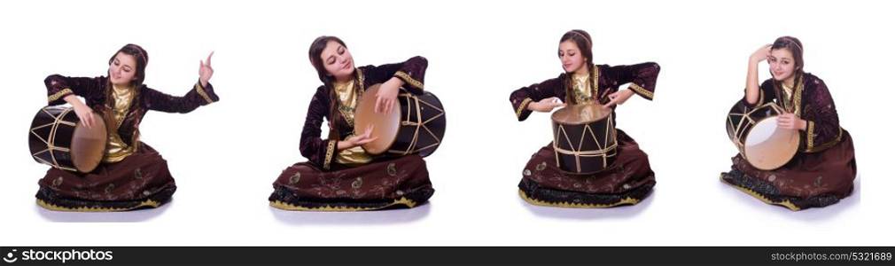 Young azeri woman playing traditional drum nagara