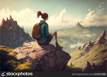 Young backpacker sitting on peak mountain rock edge background. Concept of young generation tourist travel located on top of cliff. Finest generative AI.. Young backpacker sitting on peak mountain rock edge background.