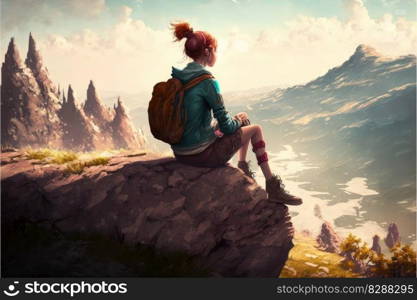 Young backpacker sitting on peak mountain rock edge background. Concept of young generation tourist travel located on top of cliff. Finest generative AI.. Young backpacker sitting on peak mountain rock edge background.
