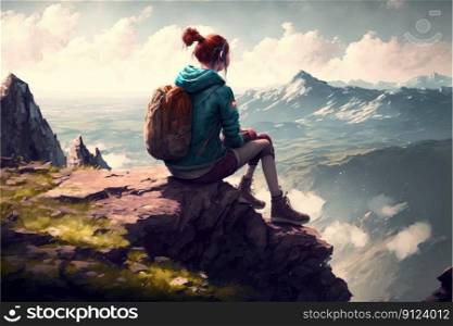Young backpacker sitting on peak mountain rock edge background. Concept of young generation tourist travel located on top of cliff. Finest generative AI.. Young backpacker sitting on peak mountain rock edge background.
