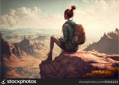 Young backpacker sitting on peak mountain rock edge background. Concept of young generation tourist travel located on top of cliff. Finest generative AI.. Young backpacker sitting on peak mountain rock edge background.