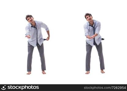 Young barefooted businessman isolated on white  . The young barefooted businessman isolated on white  