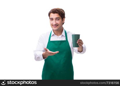 Young barista isolated on white background