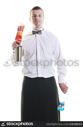 young barman portrait isolated on white background with alcohol coctail drink