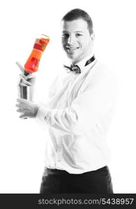 young barman portrait isolated on white background with alcohol coctail drink