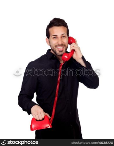 Young bearded businessman at phone isolated on white background