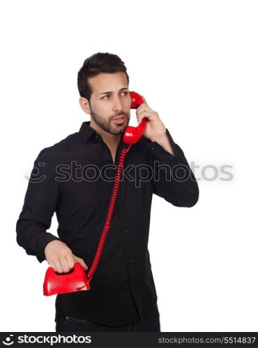 Young bearded businessman at phone isolated on white background
