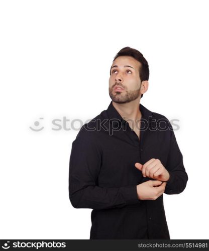Young bearded businessman buttoning his shirt button isolated on white background