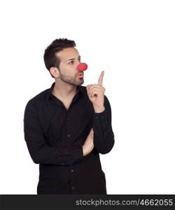 Young bearded businessman with clown nose isolated on white background