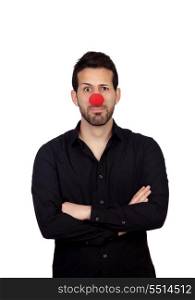 Young bearded businessman with clown nose isolated on white background