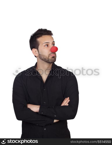 Young bearded businessman with clown nose isolated on white background