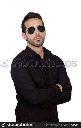 Young bearded businessman with sunglasses isolated on white background