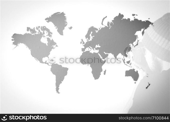 Young bearded man on white background with world map