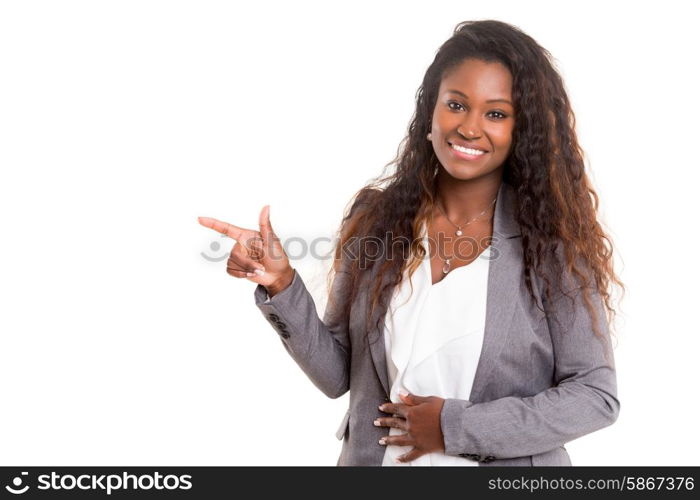 Young beautiful african woman presenting your product, isolated over white background