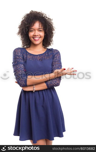 Young beautiful african woman presenting your product, isolated over white background