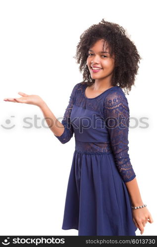 Young beautiful african woman presenting your product, isolated over white background