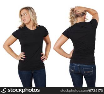 Young beautiful blond female with blank black shirt, front and back. Ready for your design or artwork.