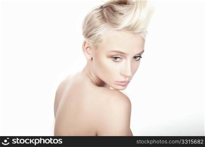 young beautiful blond female with creativity hairstyle