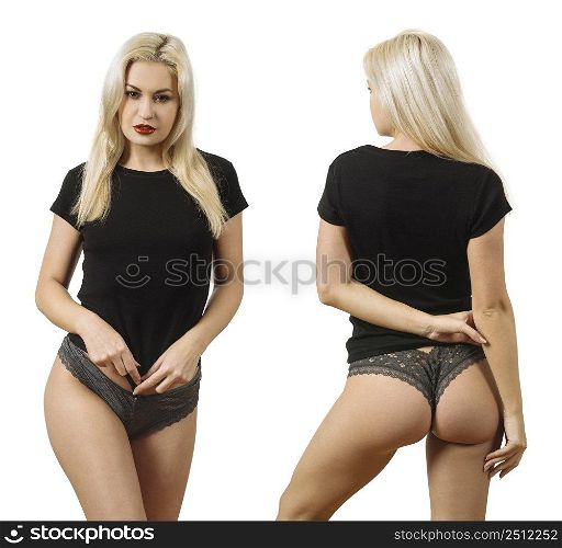 Young beautiful blond woman with blank black shirt. Ready for your design or artwork.