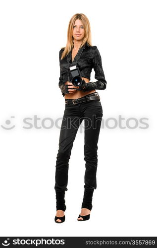 Young beautiful blonde holding a photo camera. Isolated